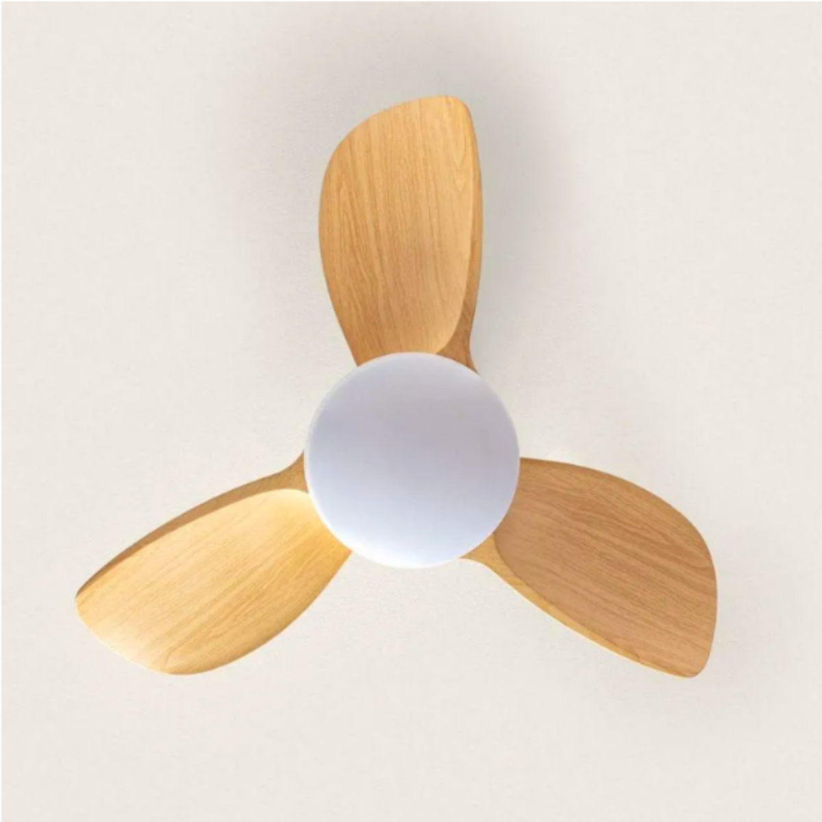 Ventilatore da soffitto con pale in legno e una luce. Contro uno sfondo bianco.