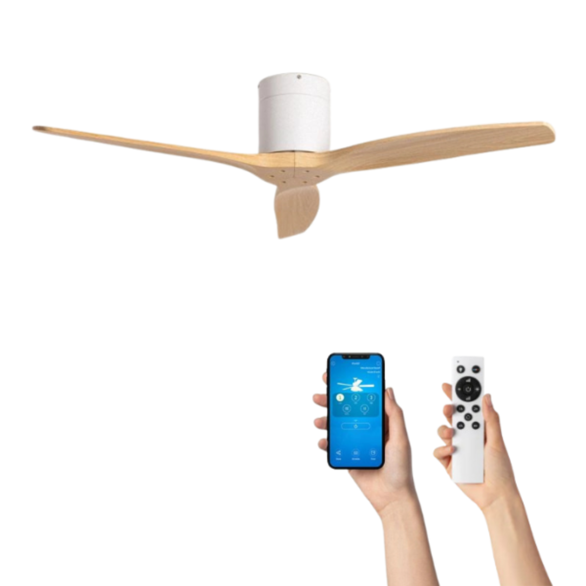 Ventilatore da soffitto con pale in legno, uno smartphone e un telecomando, tutto su sfondo bianco.