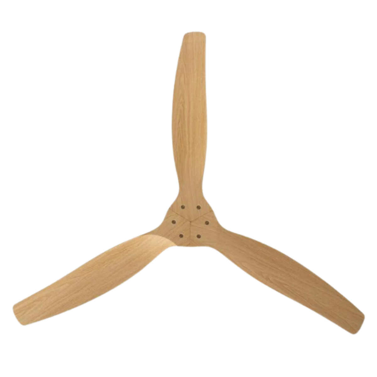 Tre pale in legno di un ventilatore da soffitto, disposte a triangolo.