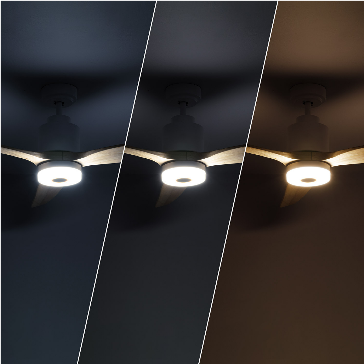 Tre immagini di un ventilatore da soffitto con luce a diverse temperature di colore.