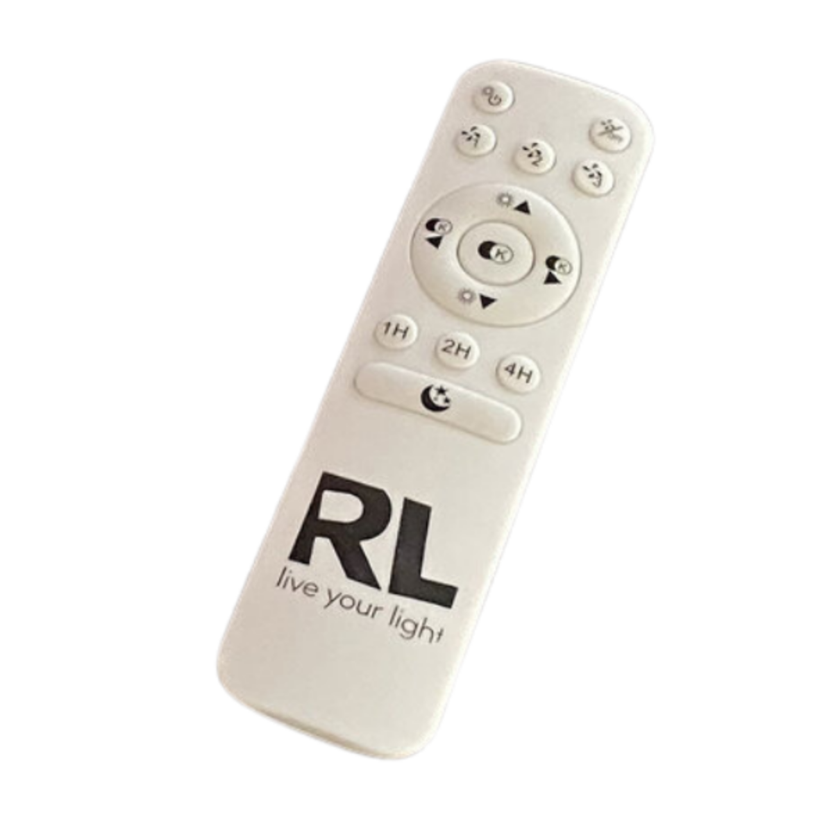 Telecomando bianco con 'live your light' stampato. Pulsanti per il controllo del ventilatore.