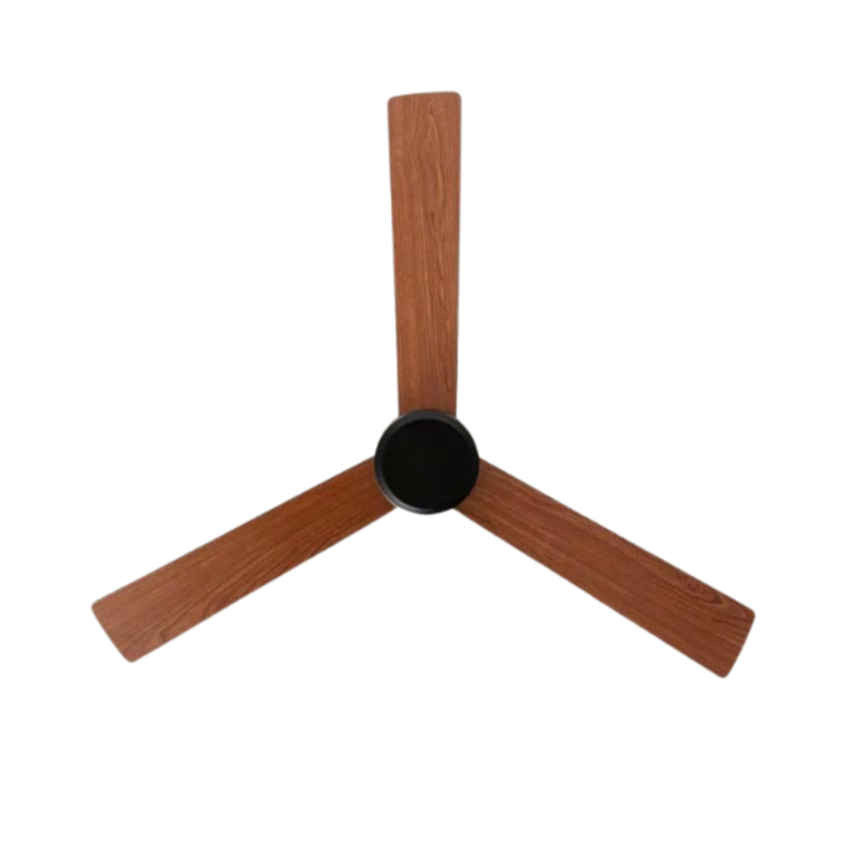Ventilatore da soffitto con tre pale in legno marrone e centro nero. Sfondo bianco.