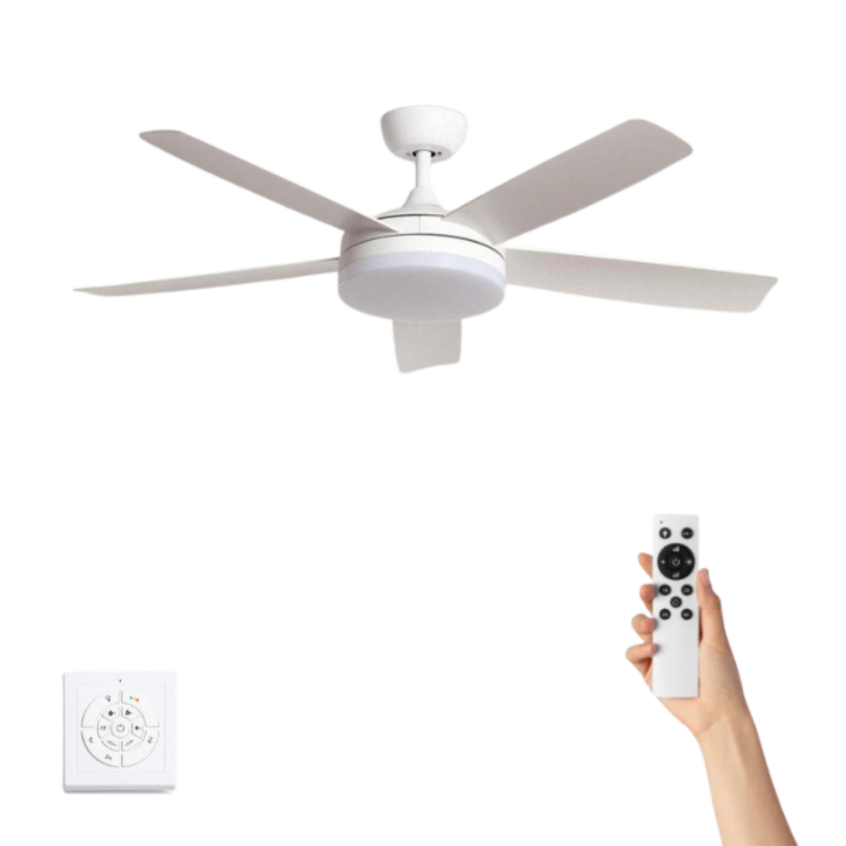 Ventilatore da soffitto bianco con luci, telecomando e controllo aggiuntivo.
