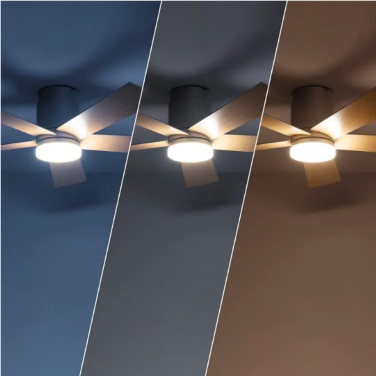 Tre immagini di un ventilatore da soffitto con la luce che cambia colore.