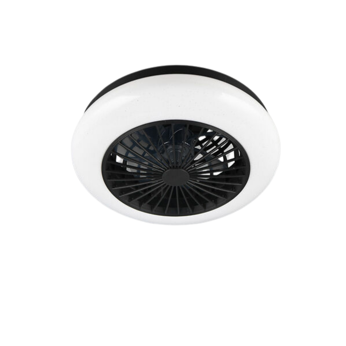 Un ventilatore da soffitto bianco con centro nero e ventola nera. La ventola emette luce.