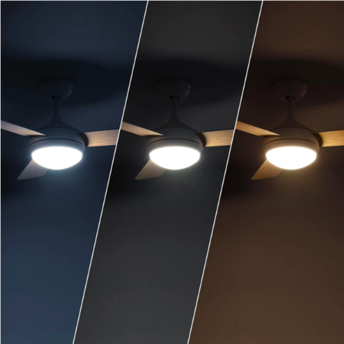 Tre pannelli con ventilatori a soffitto illuminati con diverse temperature di colore: blu, neutro, caldo.