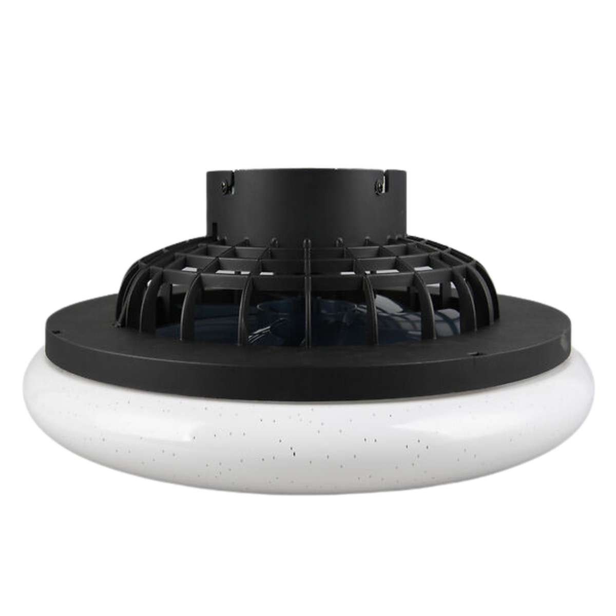 Un apparecchio di illuminazione a soffitto rotondo, bianco e nero. Ha una gabbia nera sopra. Sfondo bianco.