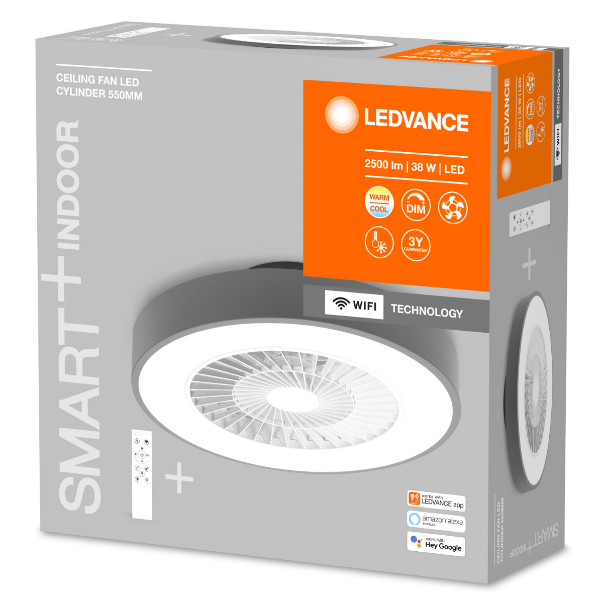 Una scatola con un'illustrazione di un ventilatore da soffitto. Il testo indica che è smart indoor con wifi.