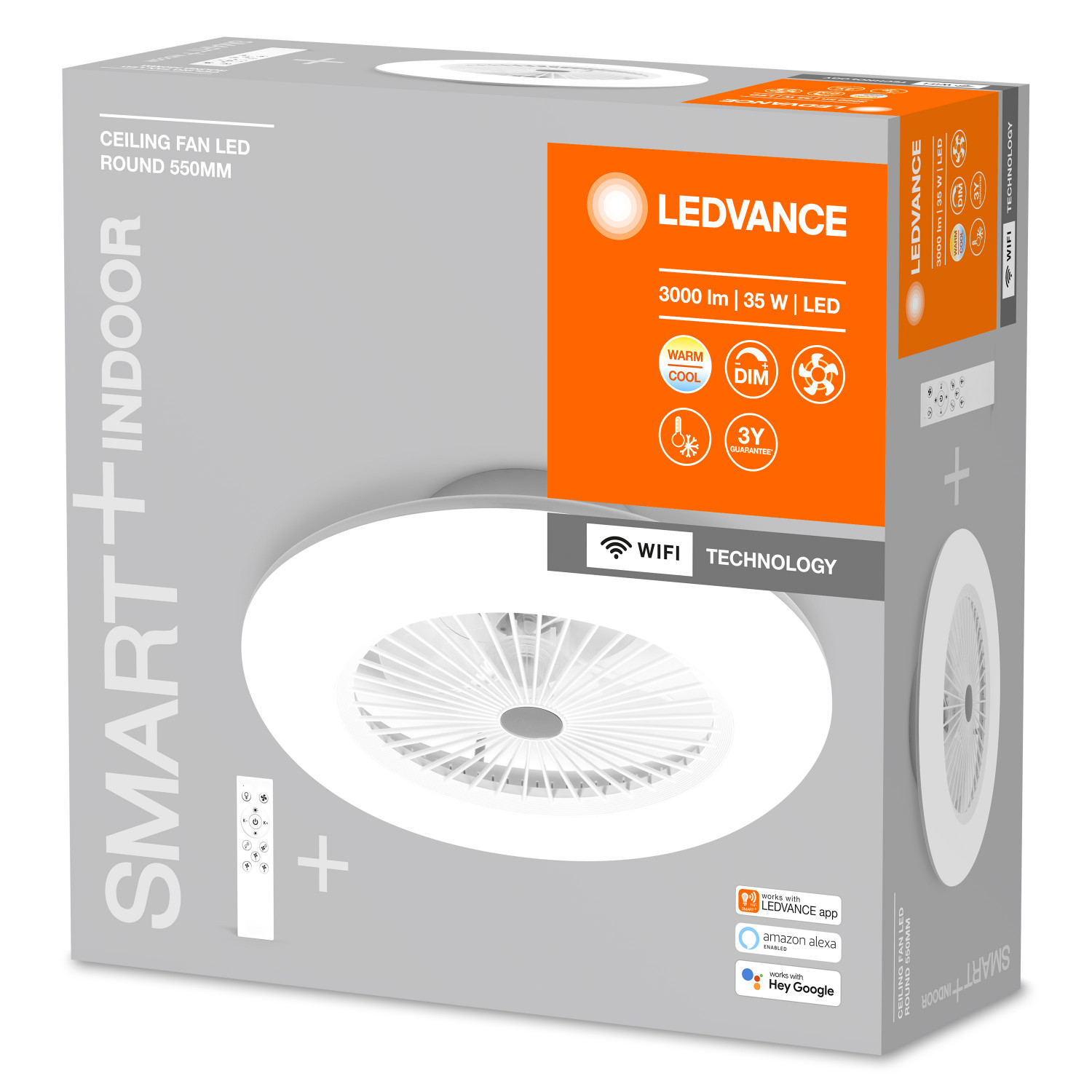 Una scatola che mostra un ventilatore da soffitto con LED, tecnologia wifi e funzioni interne intelligenti con telecomando.