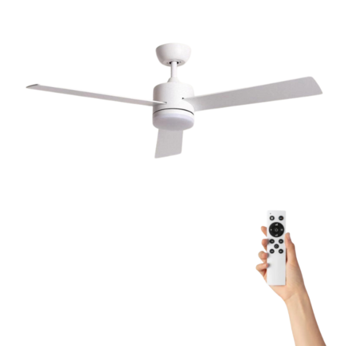 Un ventilatore da soffitto bianco con tre pale. Una mano tiene un telecomando.