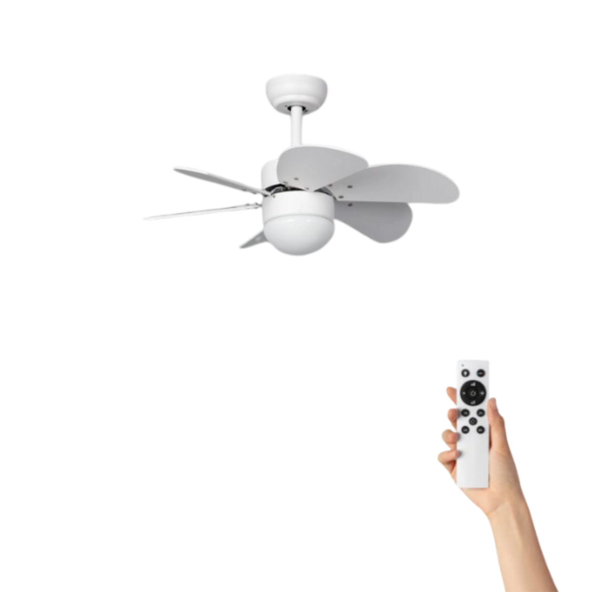 Un ventilatore da soffitto bianco con cinque pale. Una mano tiene un telecomando.