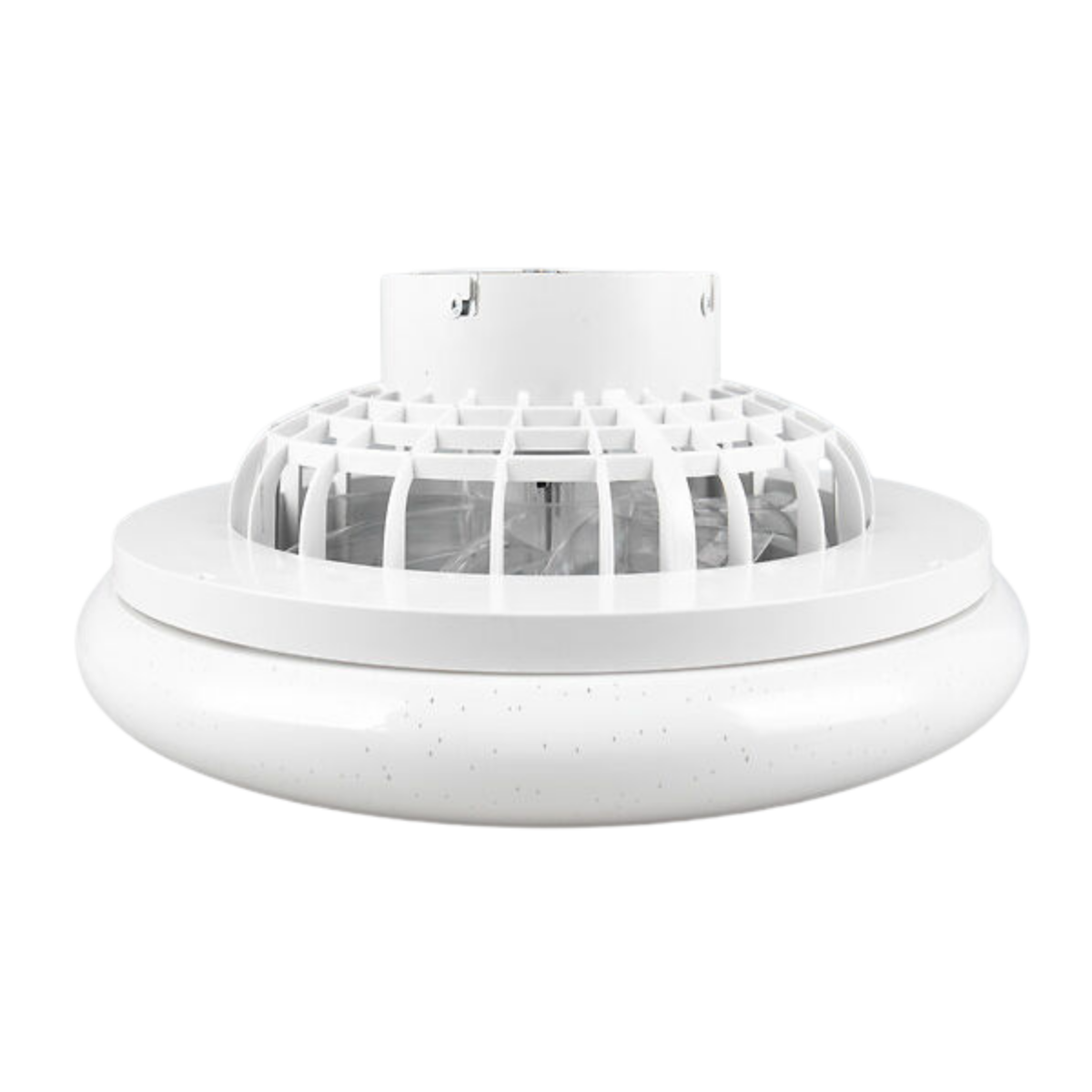 Unità ventilatore da soffitto bianca con design a gabbia bianca, isolata su bianco.