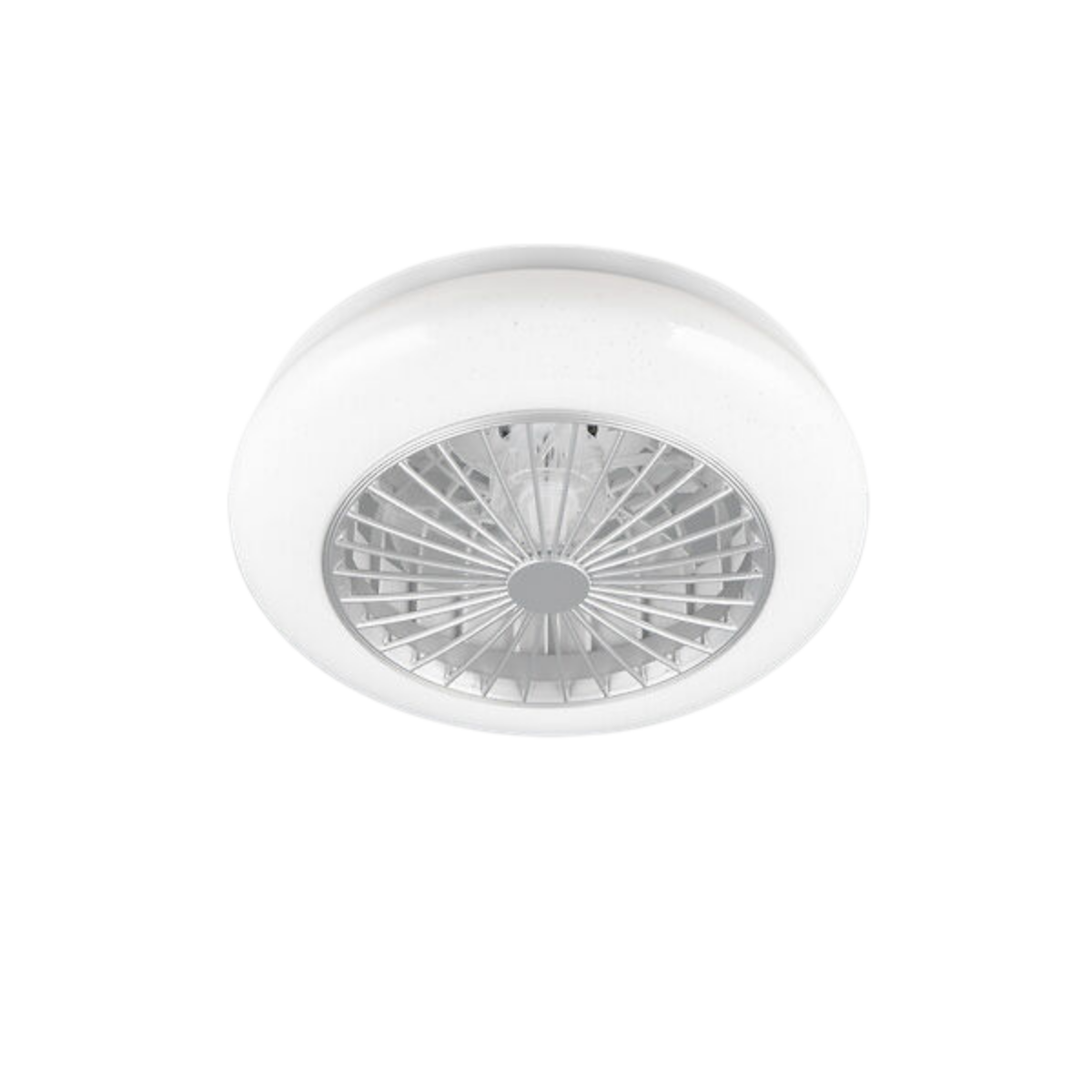 Un ventilatore da soffitto con un design bianco e circolare, con una luce centrale e dettagli metallici.