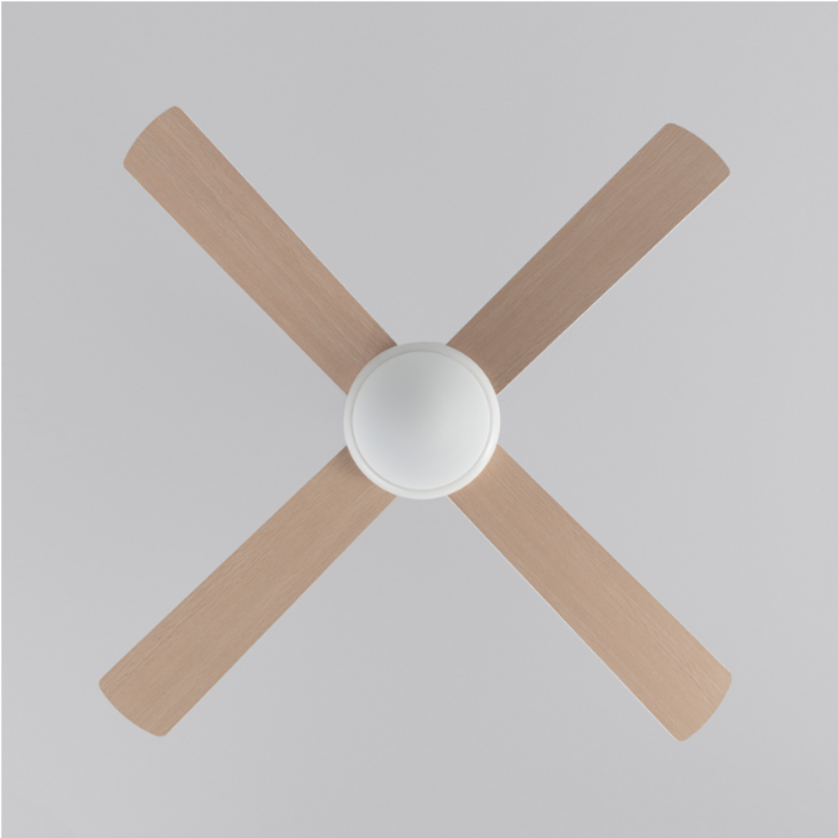 Ventilatore da soffitto con quattro pale in legno chiaro e centro bianco, vista dall'alto.
