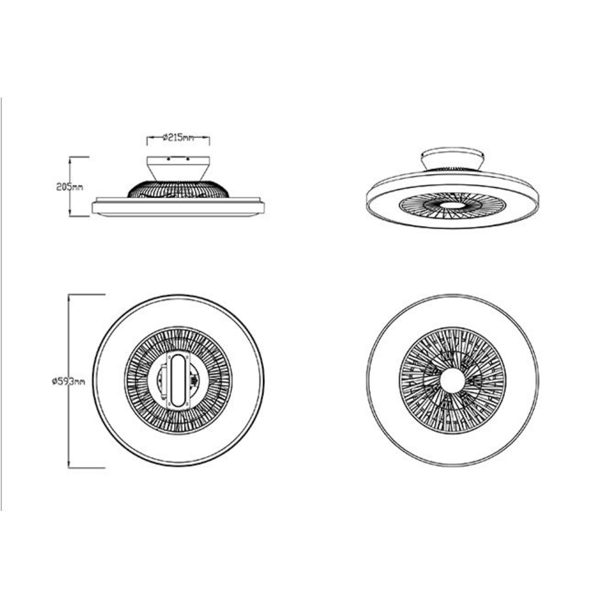 Diagramma di un ventilatore da soffitto con dimensioni e dettagli di design.