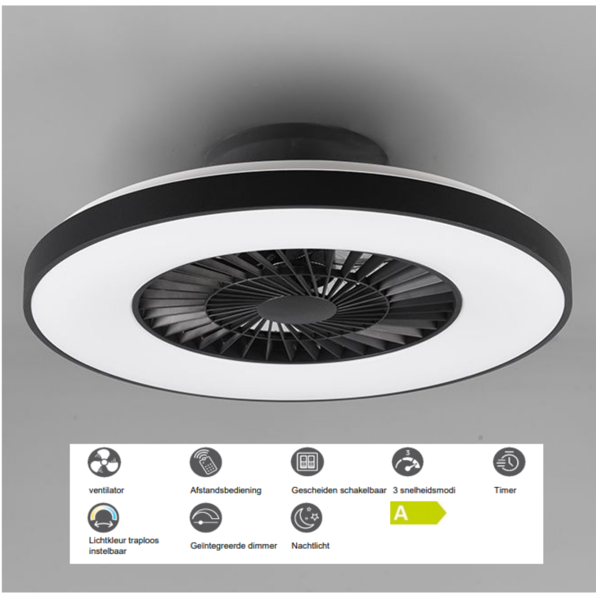 Ventilatore da soffitto con luce circolare e LED integrato. Icone con funzioni vengono visualizzate in basso.