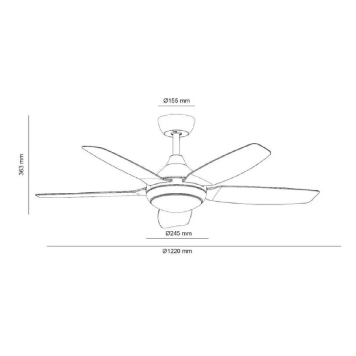 Un diagramma di un ventilatore da soffitto con dimensioni in mm. È una vista dall'alto.