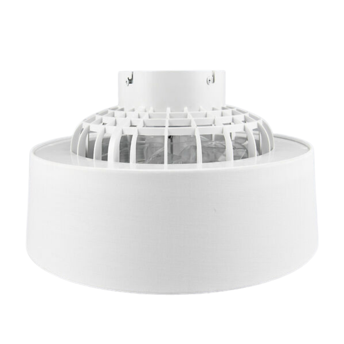 Ventilatore a soffitto bianco con design circolare. Il ventilatore è un apparecchio, bianco.