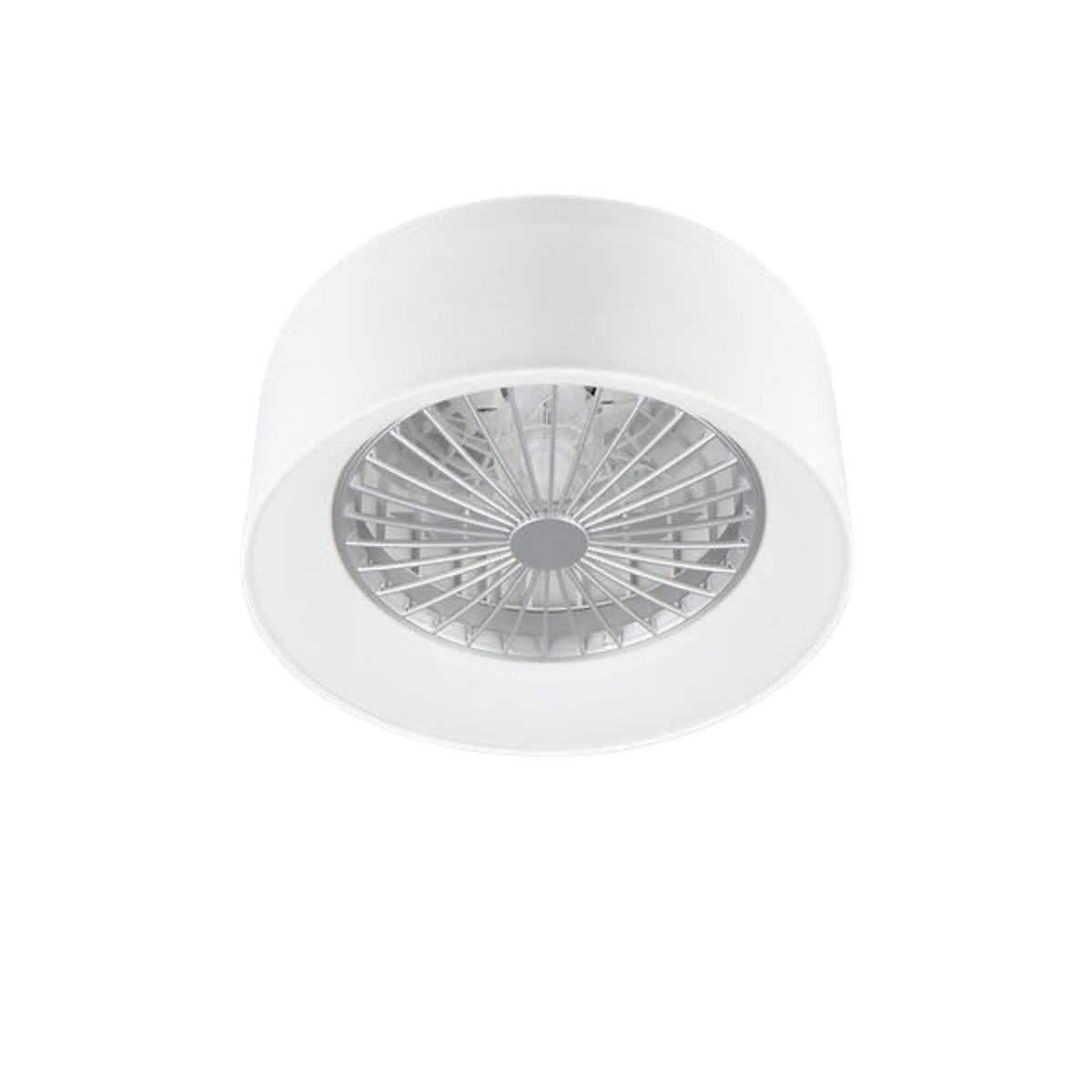 Ventilatore da soffitto bianco con griglia metallica circolare. Design circolare. Sfondo bianco.