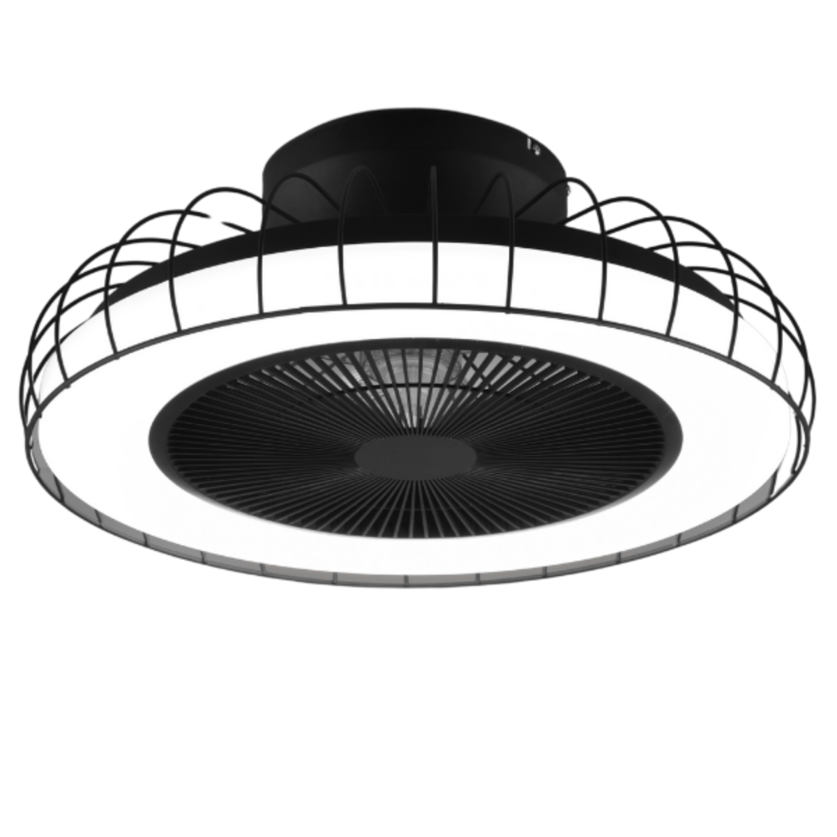 Ventilatore da soffitto bianco e nero con luce LED. La ventola è circondata da una gabbia metallica.