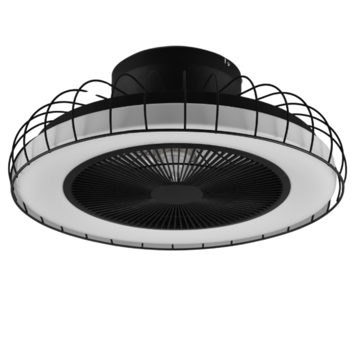Ventilatore a soffitto bianco e nero con design a gabbia e lampada centrale.