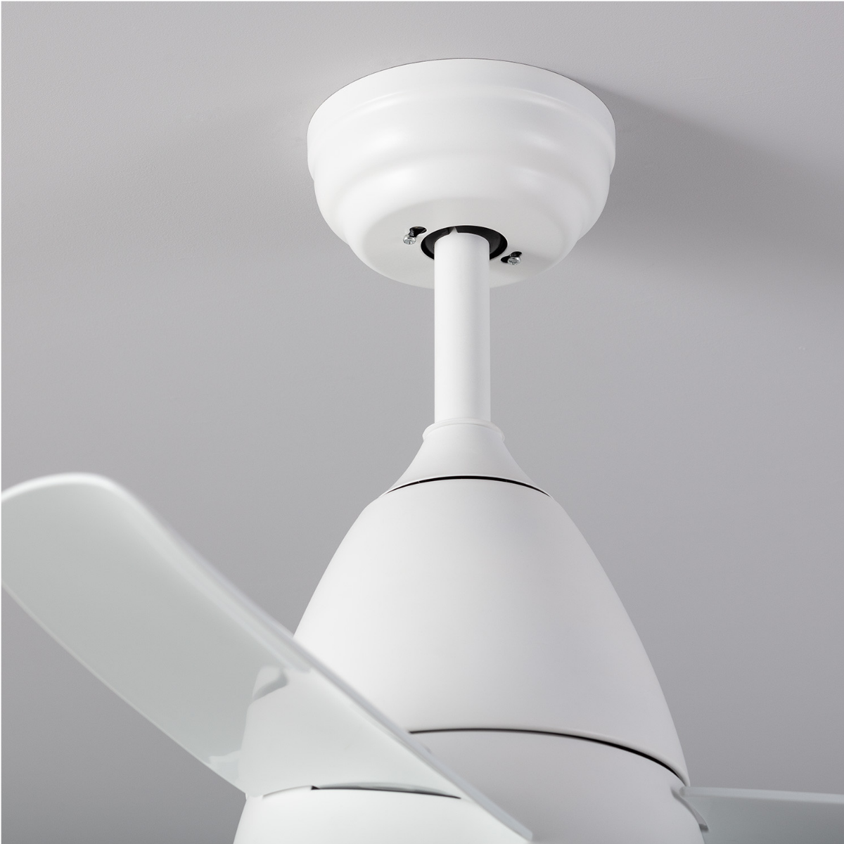 Un ventilatore da soffitto bianco è centrato nell'immagine, mostrando le pale e l'alloggiamento del motore contro un soffitto grigio.