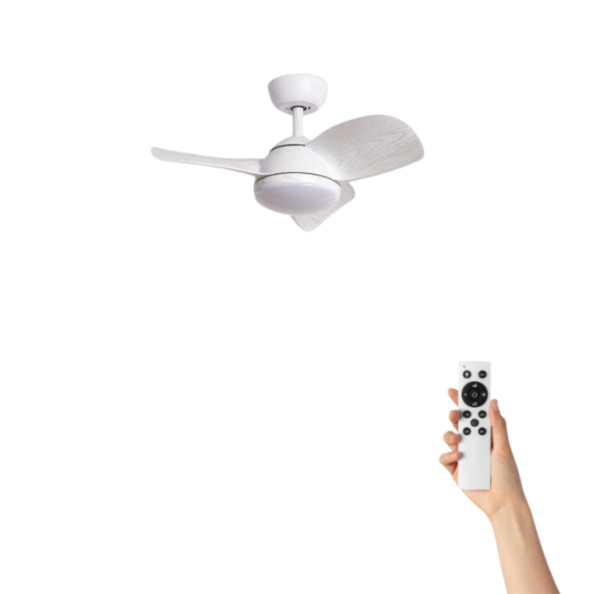 Un ventilatore da soffitto bianco con pale in legno. Una mano tiene un telecomando.