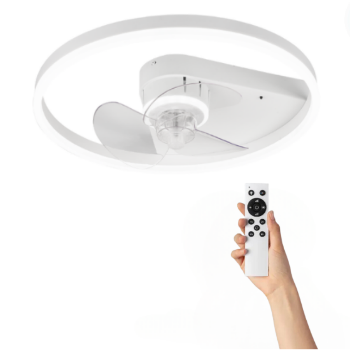 Ventilatore a soffitto bianco con luce circolare, telecomandato a mano.