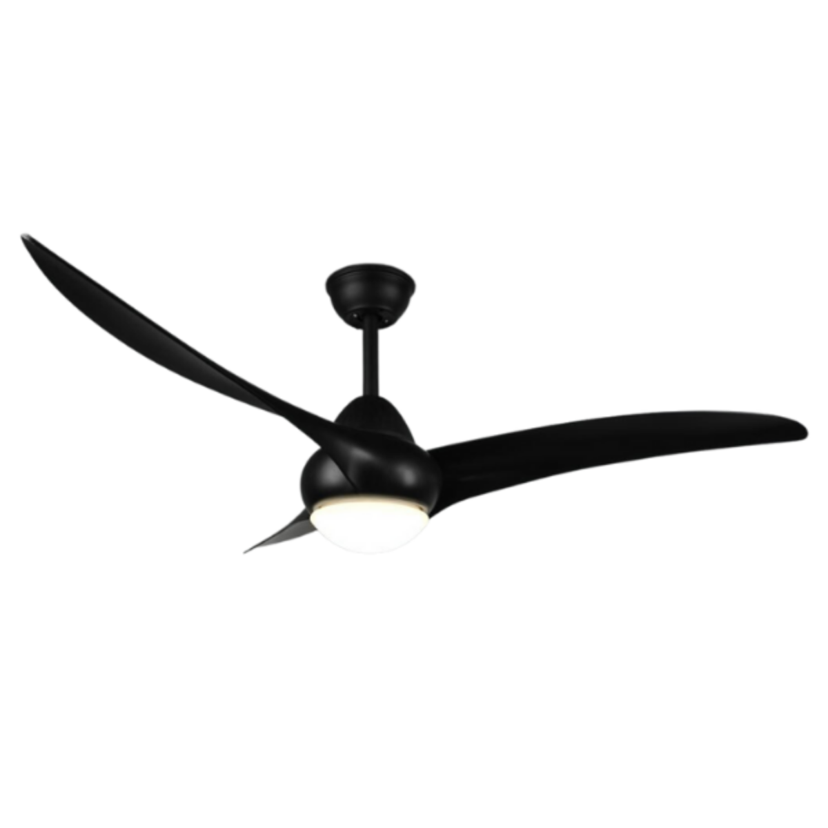 Ventilatore da soffitto nero con tre pale curve e una luce, isolato su sfondo bianco.