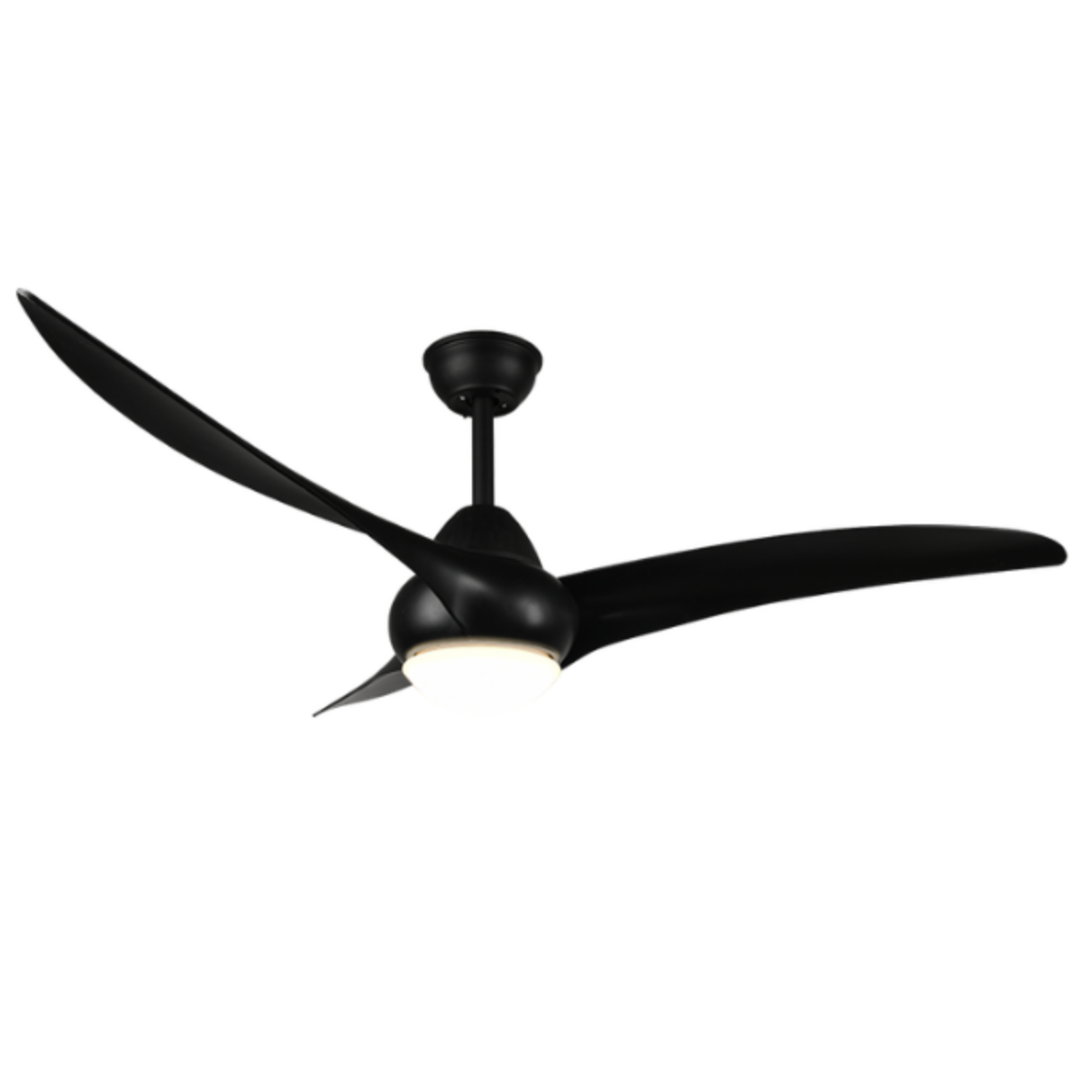 Ventilatore da soffitto nero. Luce bianca. Sfondo bianco.