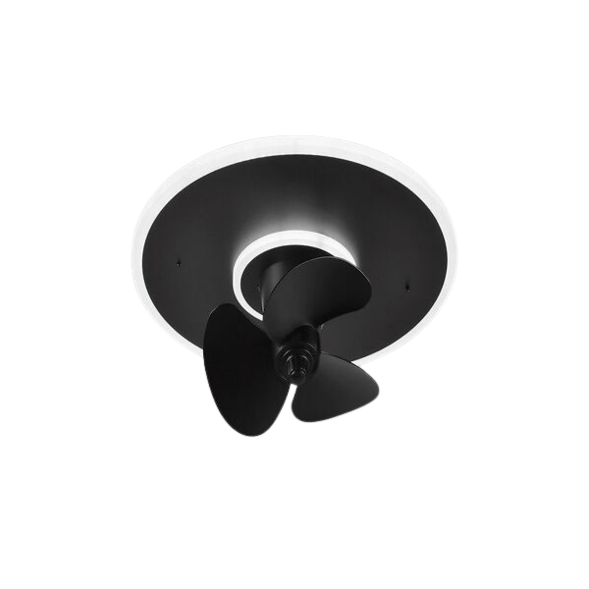 Ventilatore da soffitto nero con tre pale e una luce centrale. Visto dal basso.