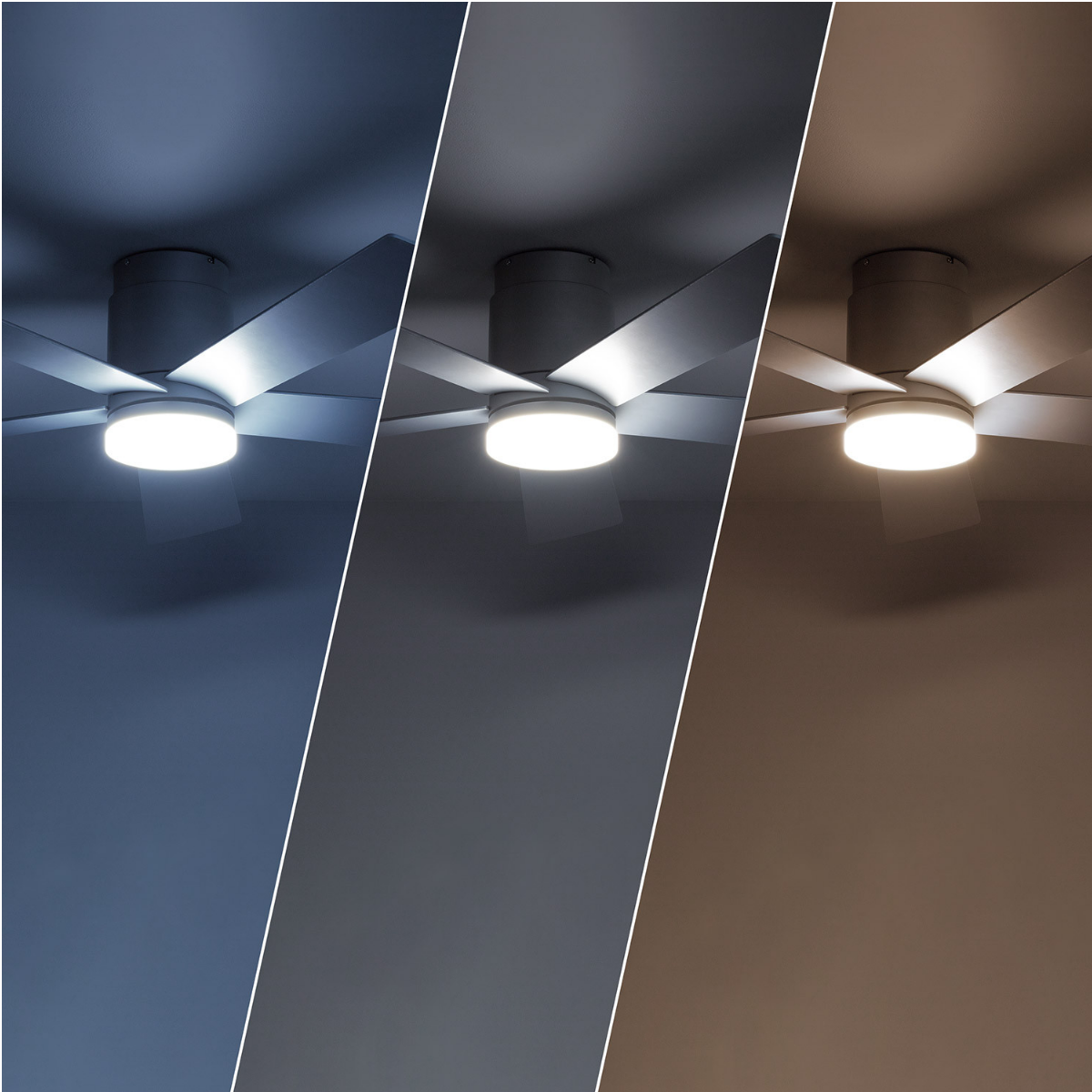 Tre immagini che mostrano un ventilatore da soffitto con una luce. Effetti di luce variati: blu, grigio e marrone.