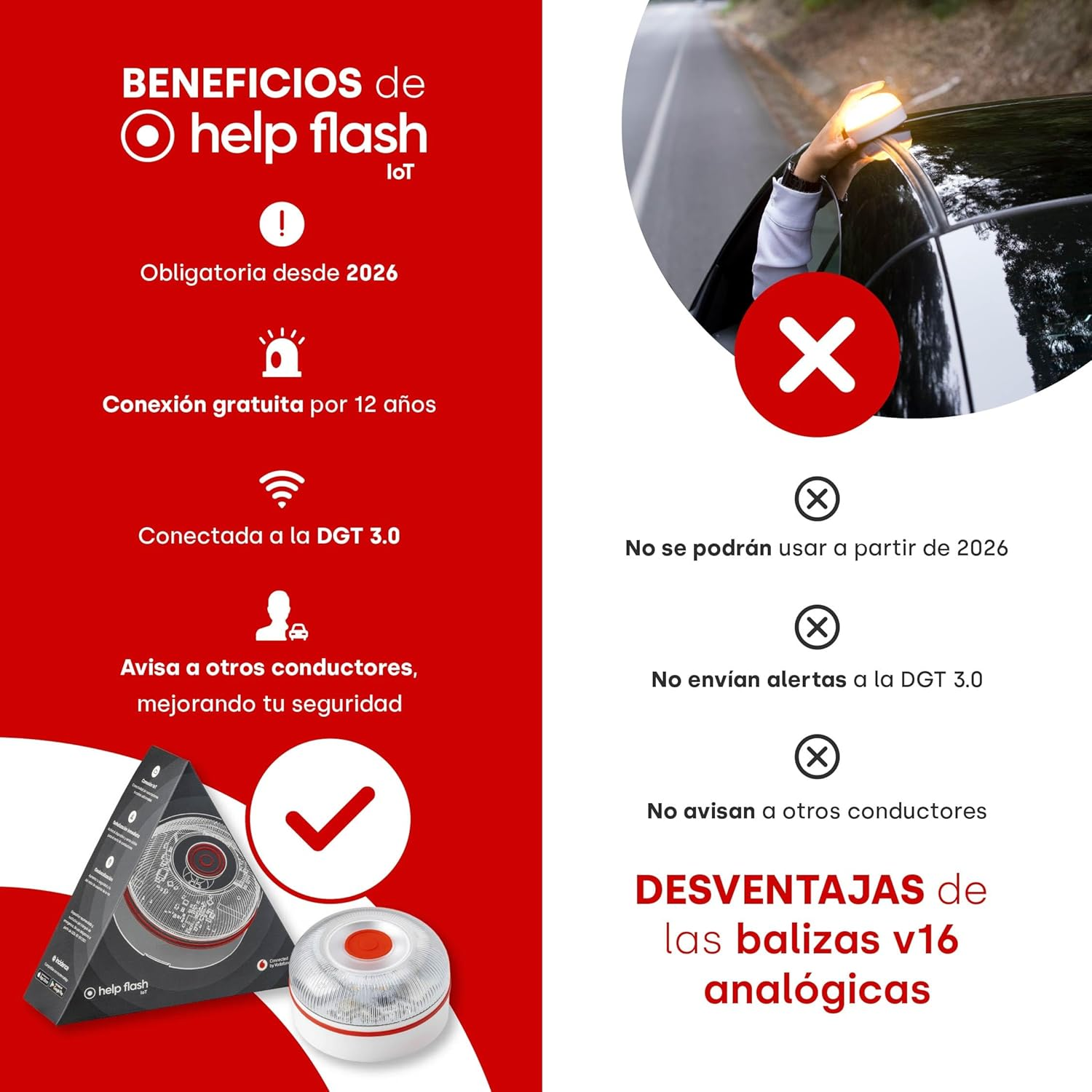 Un diagrama rojo y blanco sobre un dispositivo de seguridad para automóviles con pros y contras.