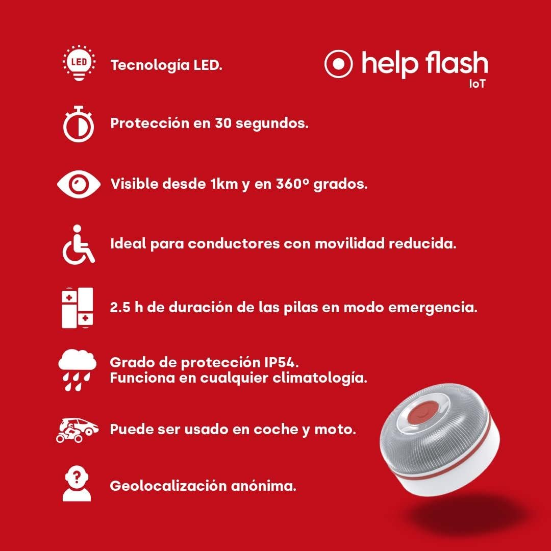 Luz de emergencia Help Flash IoT. Tiene un diseño blanco y rojo, y una base roja.