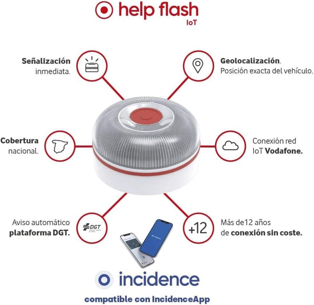 Un dispositivo IoT con parte superior roja y base blanca, rodeado de iconos informativos e ilustración de smartphone.