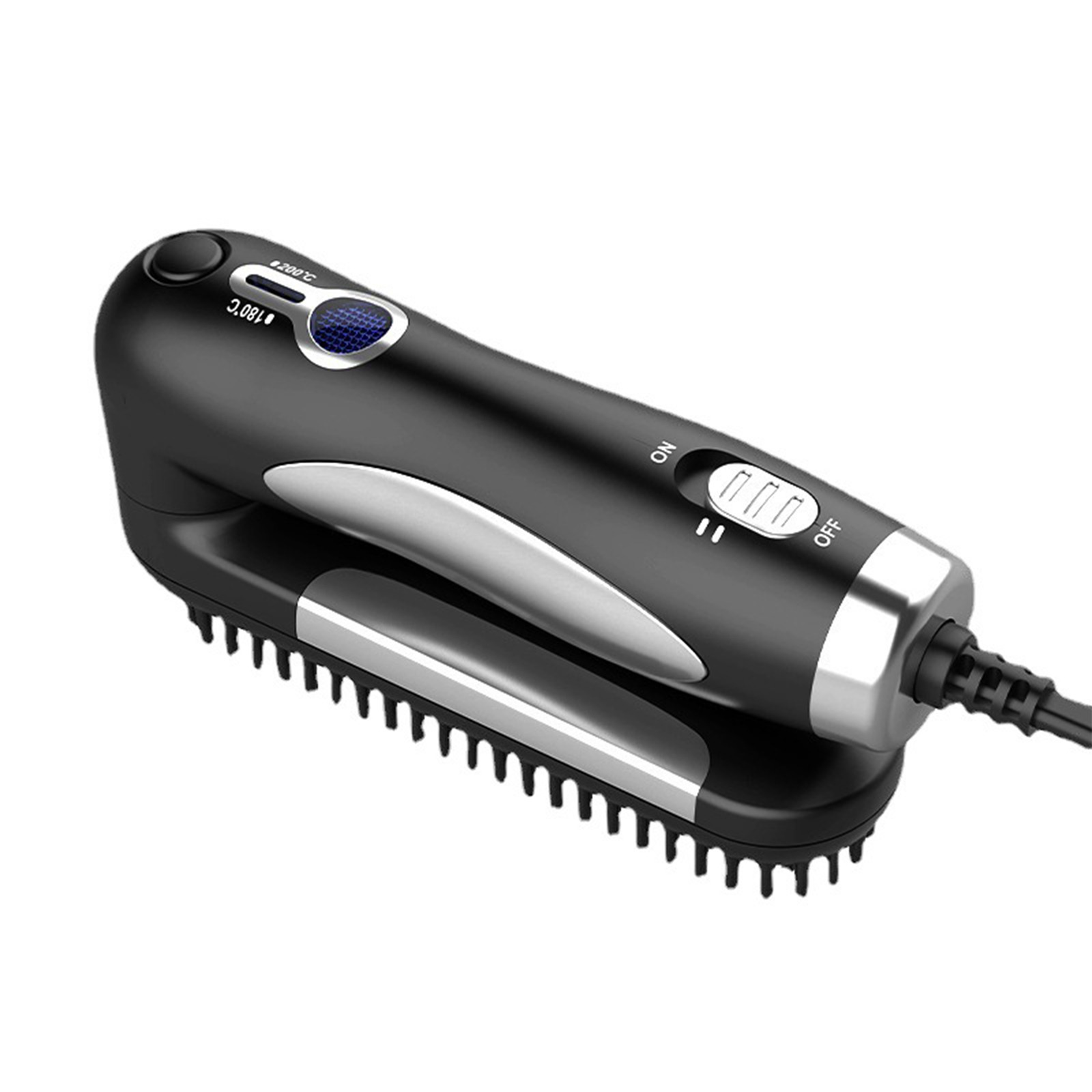 Eine schwarze Haarglättungsbürste mit silbernen Akzenten, einem Ein/Aus-Schalter und Temperatureinstellungen.