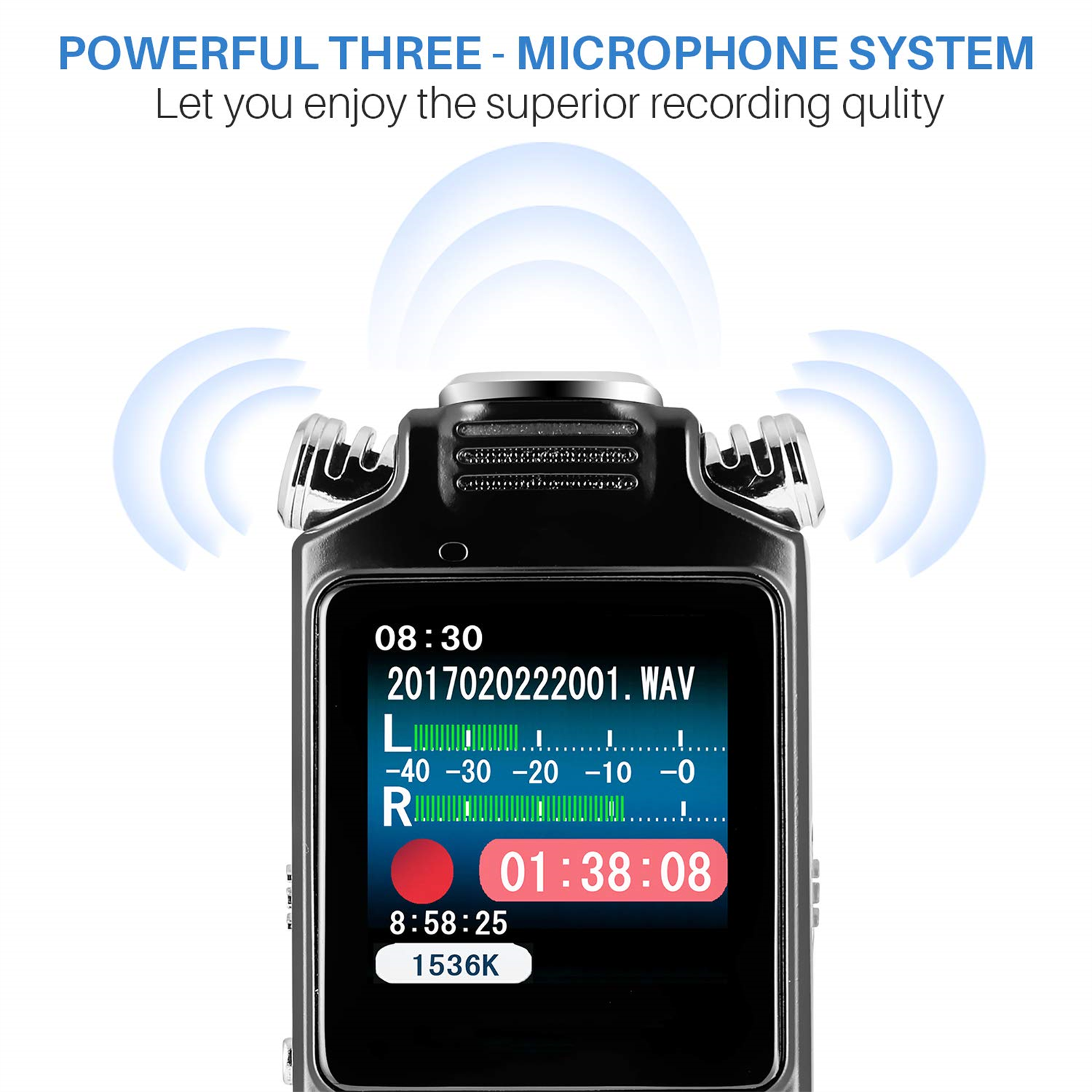 Schwarzer Audiorecorder mit Bildschirm, der Zeit und Wellenform zeigt.