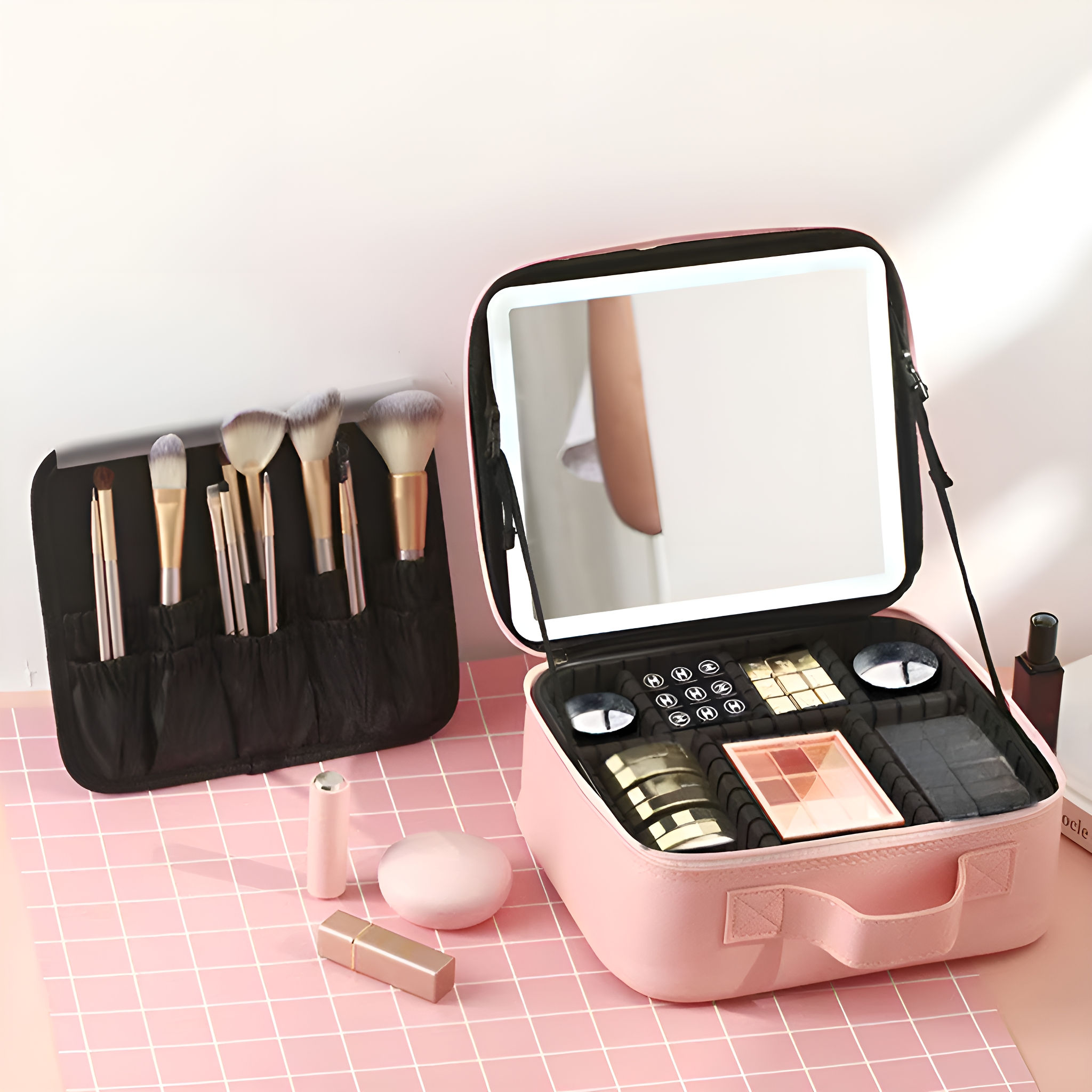 Rosa Make-up-Etui mit Spiegel, Pinseln und Kosmetika, geöffnet auf einer karierten Oberfläche.