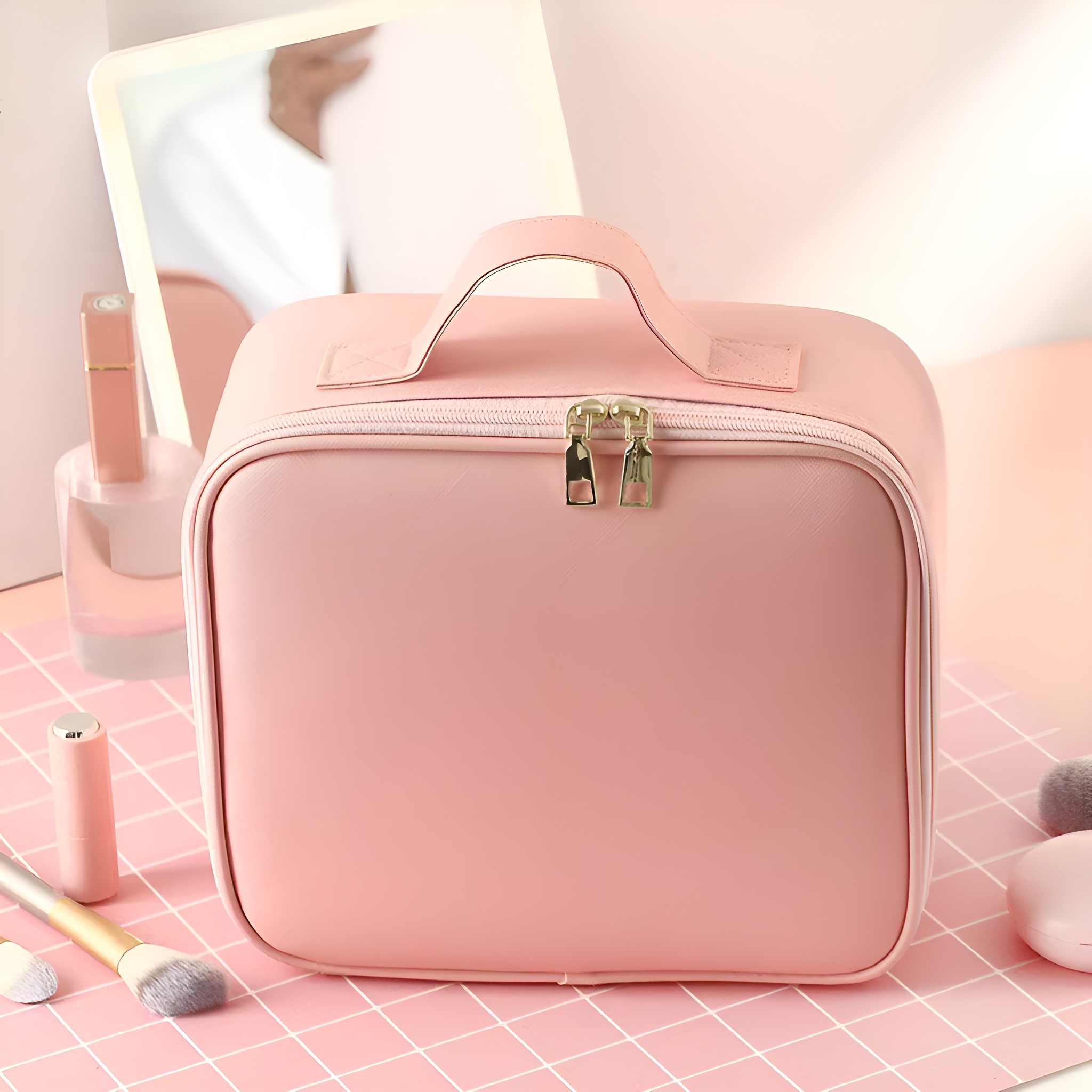 Rosa Make-up-Tasche mit goldenem Reißverschluss und Griff, umgeben von Make-up-Artikeln auf rosa Oberfläche.