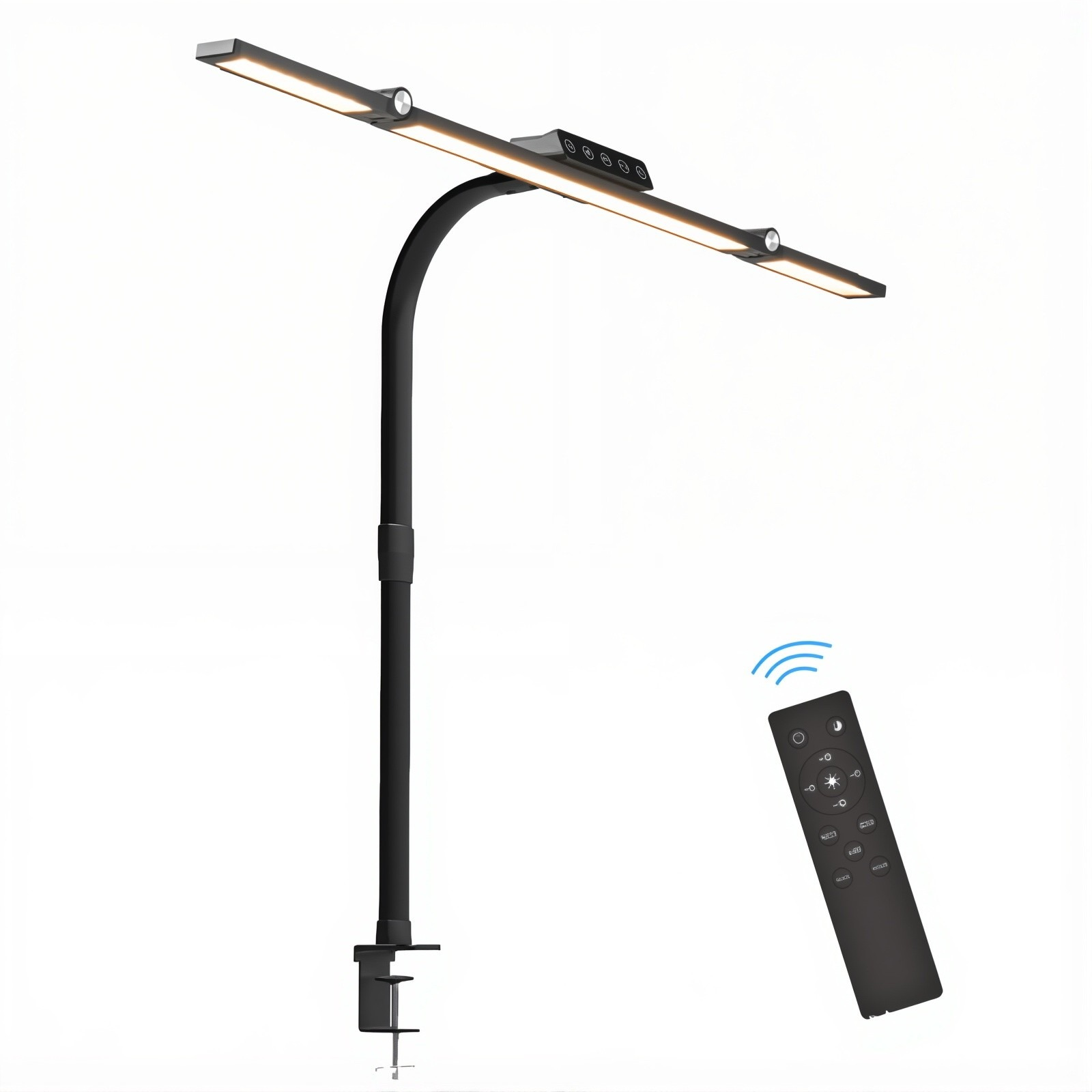 Schwarze Schreibtischlampe mit Klemme und Fernbedienung. Das Licht ist an.
