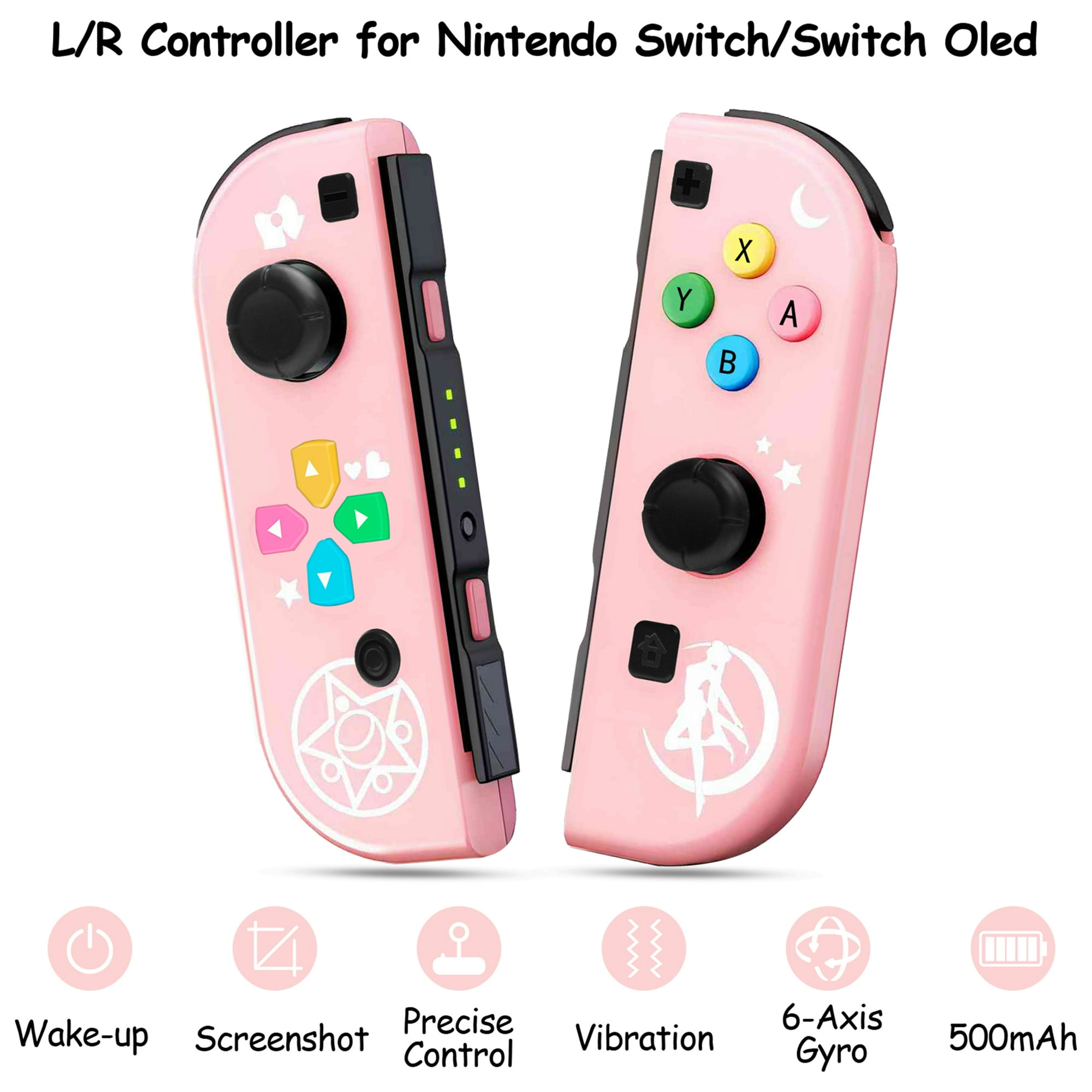 Rosa Nintendo Switch-Controller mit Knöpfen und Illustrationen. Zu den Funktionen gehören Wake-up, Screenshot und Vibration.