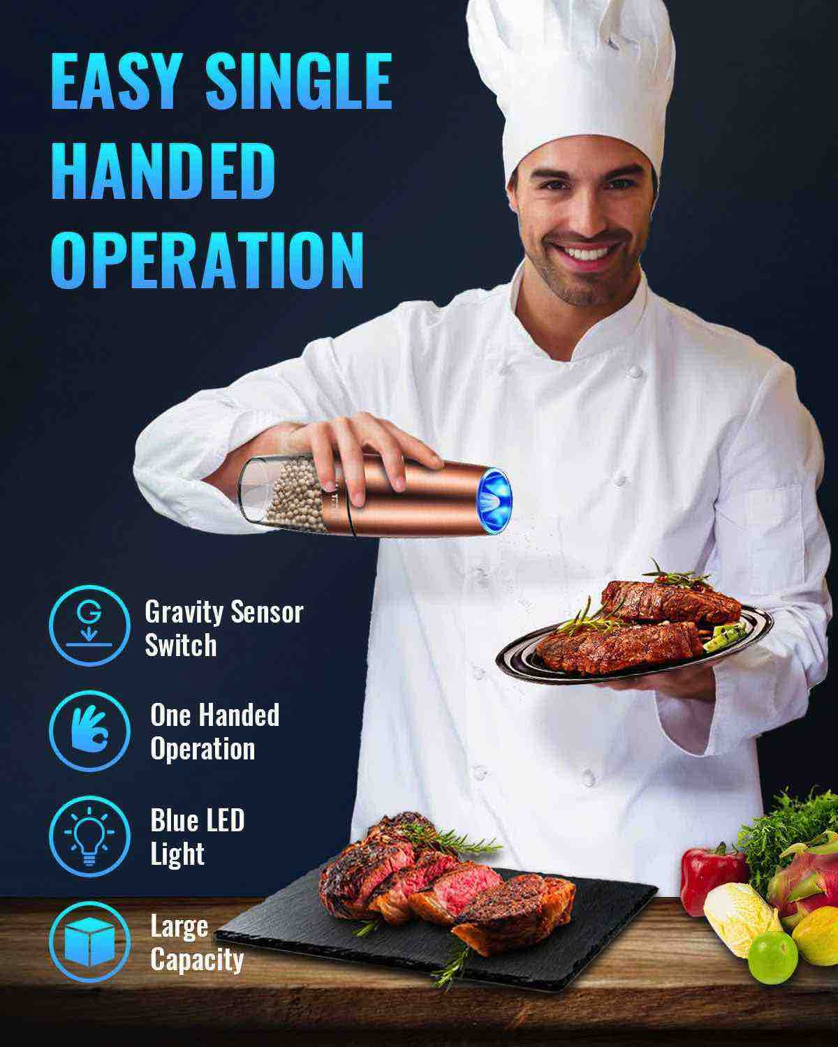 Koch benutzt Pfeffermühle auf einem Steak. Merkmale der Mühle werden auch angezeigt.