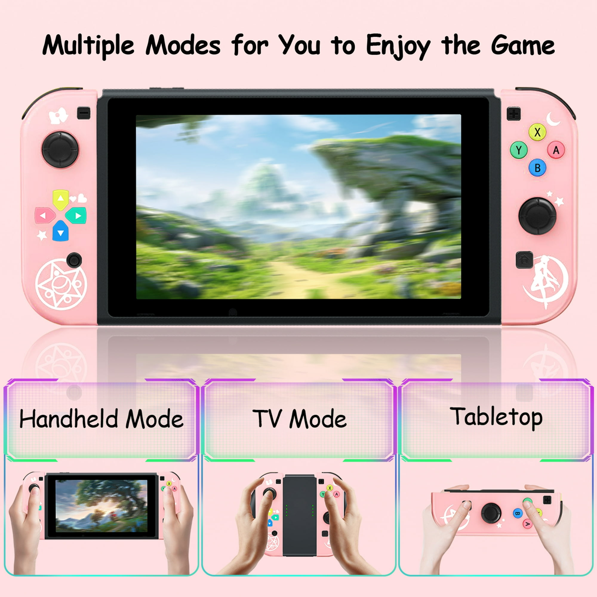 Rosa Spielkonsole mit Bildschirm. Zeigt drei Modi: Handheld, TV und Tabletop. Mehrere Tasten sind sichtbar.