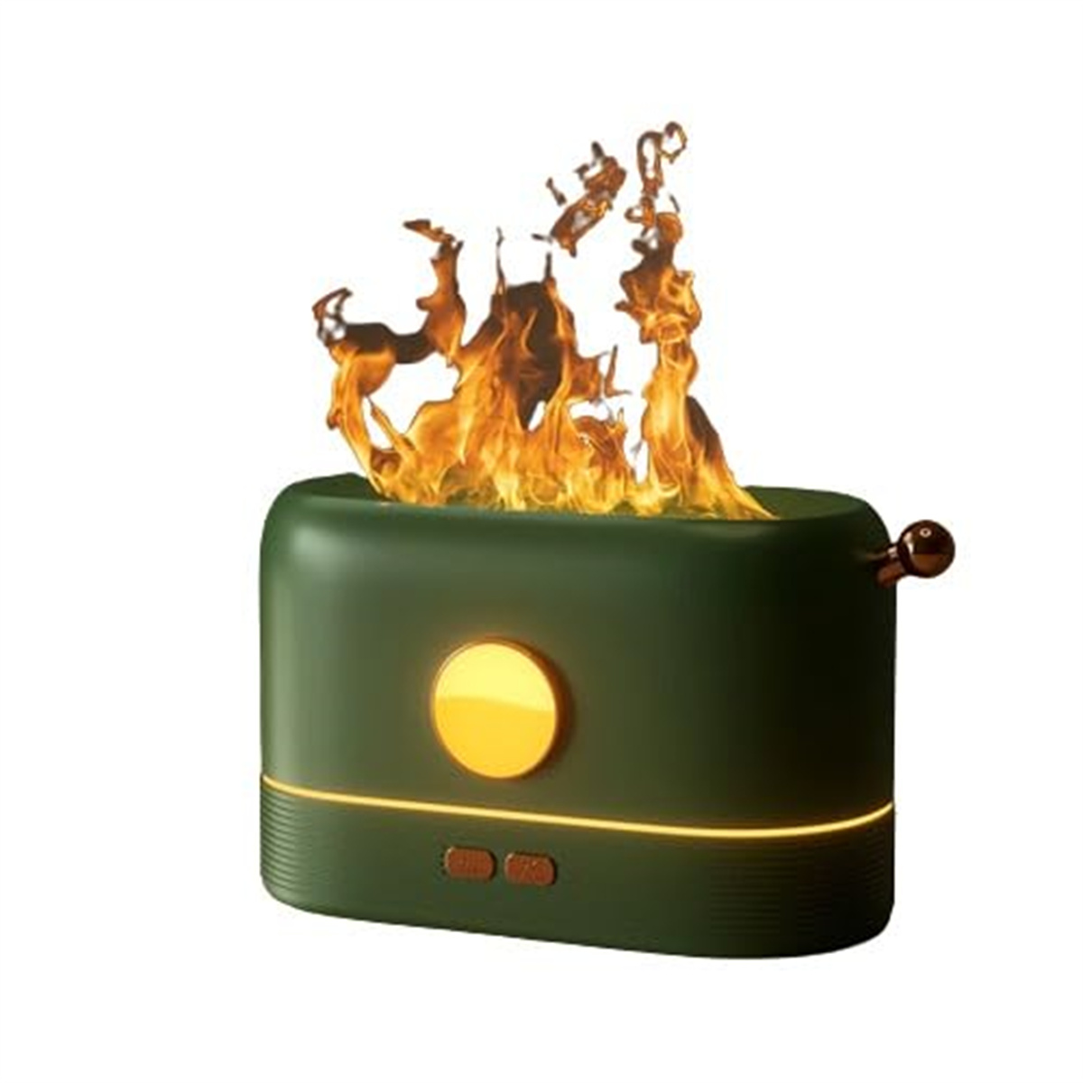 Dunkelgrünes Gerät mit Flammeneffekt. Das Gerät hat einen gelben Knopf und einen goldenen Griff.