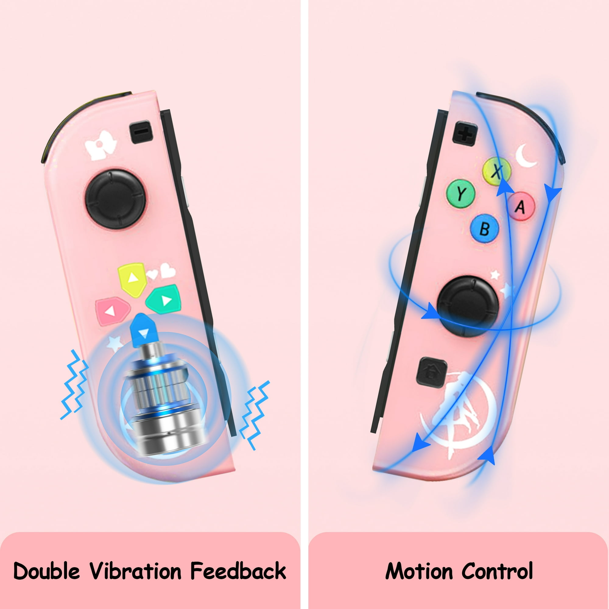 Rosa Gamecontroller-Komponenten, die Doppelvibration und Bewegungssteuerung zeigen.