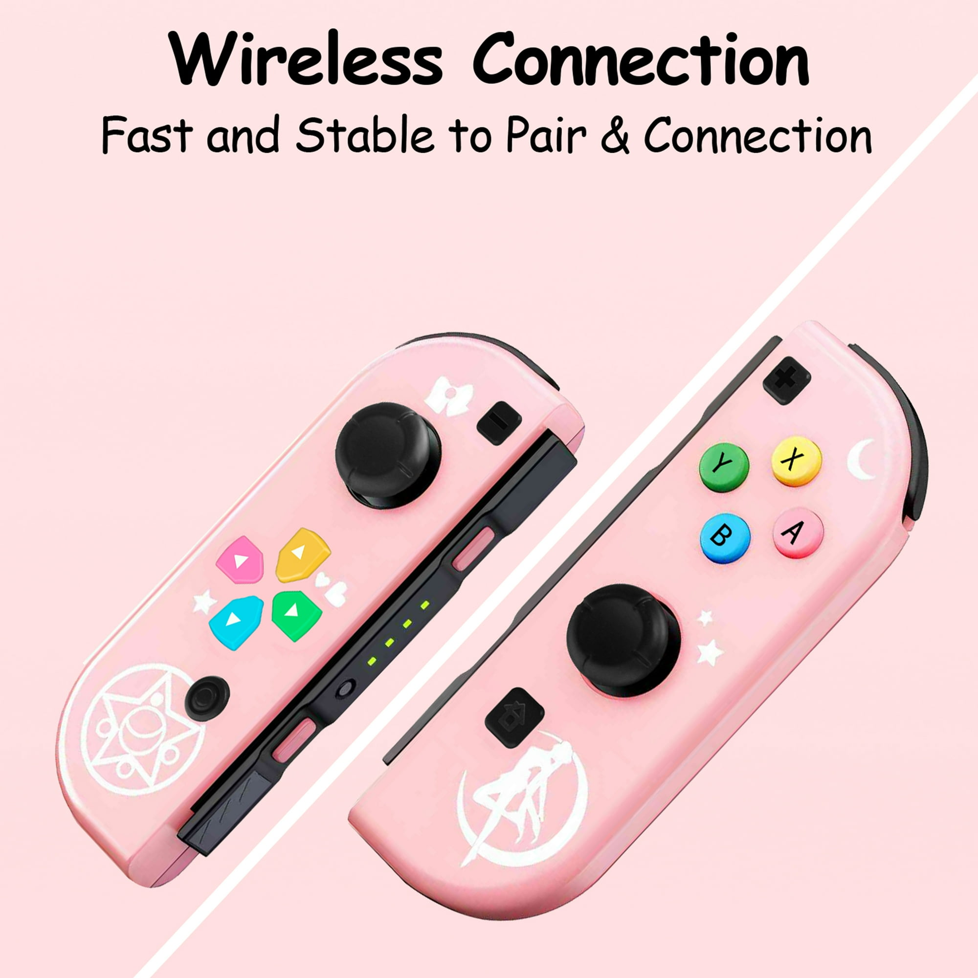 Rosa Switch-Controller mit schwarzen Joysticks und bunten Tasten. Hintergrundtext: Wireless Connection, Fast and Stable.