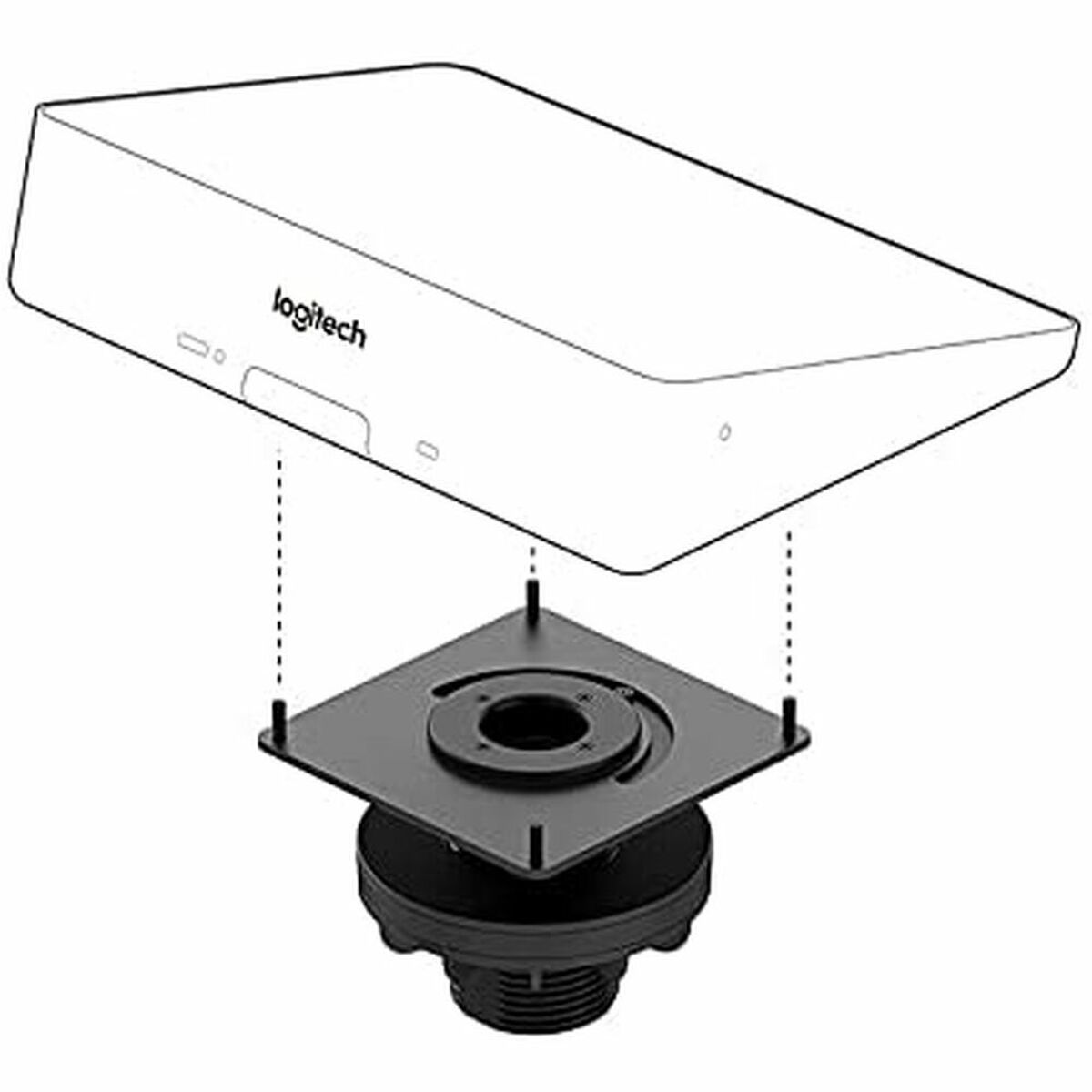 Ein schwarzes Logitech-Gerät und eine Montagehalterung mit Schrauben, in Explosionsansicht.