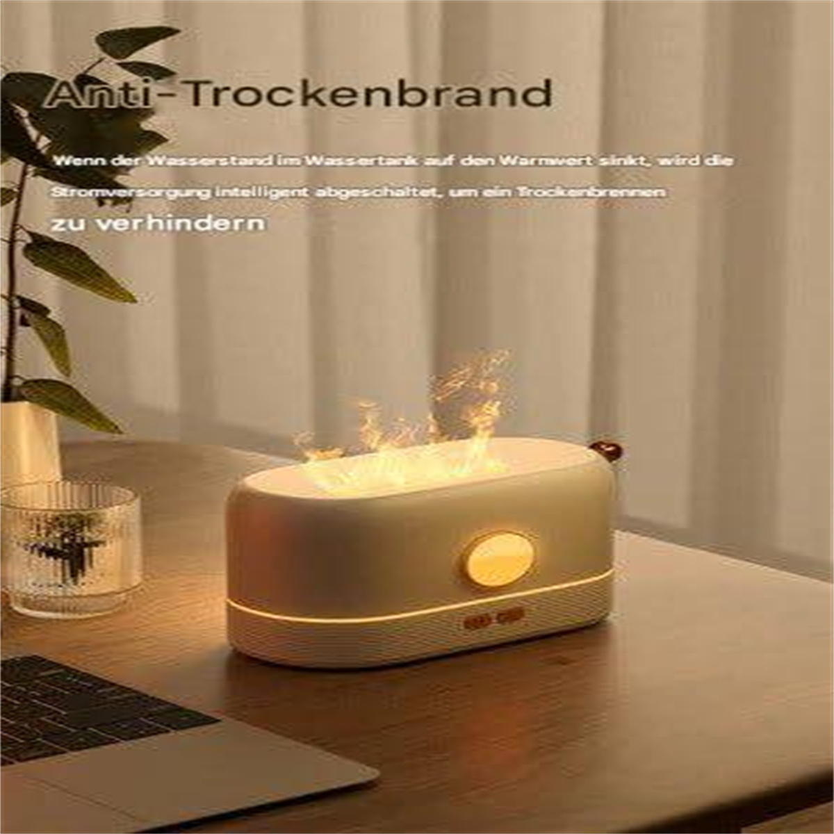 Ein Luftreiniger mit Flammeneffekt auf einem Holztisch, mit Text darüber.
