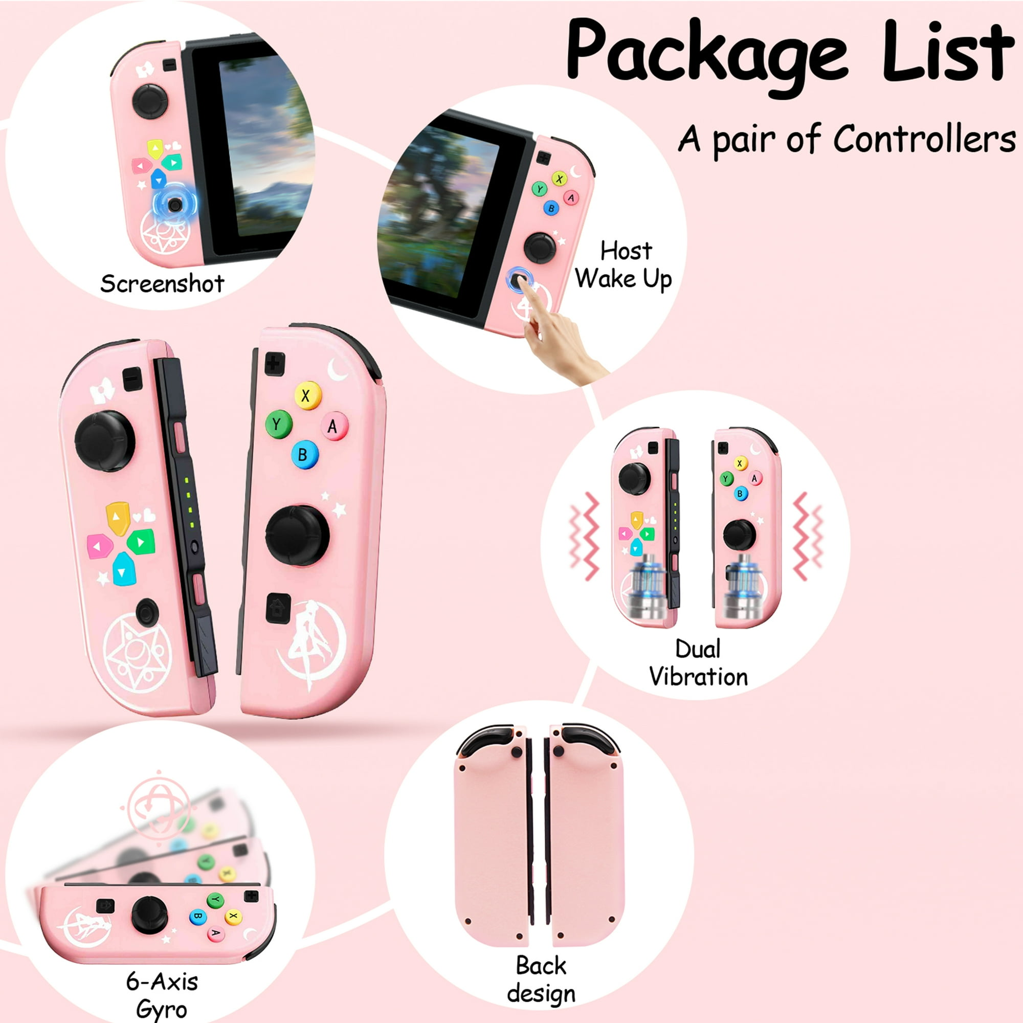 Rosa Controller mit Knöpfen und Designs. Grafiken zeigen Funktionen wie Screenshot, Dual Vibration und 6-Achsen-Gyro.