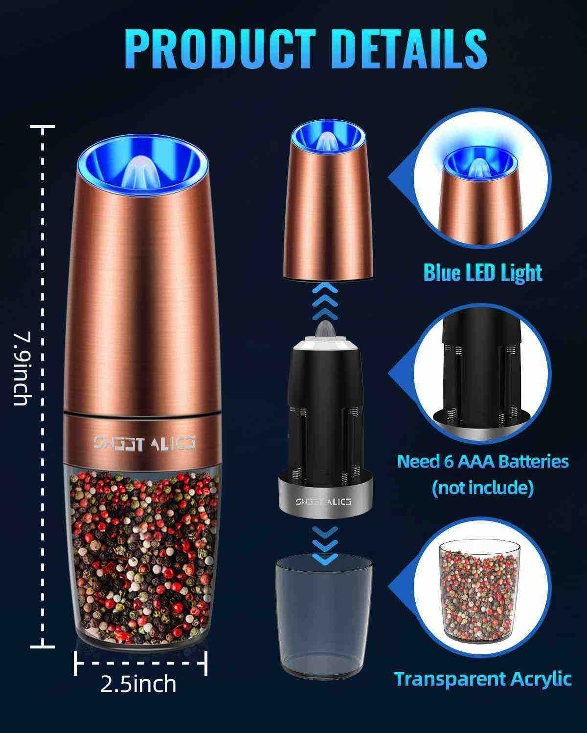 Produkt-Detailbild. Kupferfarbener Grinder mit blauem Licht, Pfeffer und Details: Batterien benötigt, transparentes Acryl.